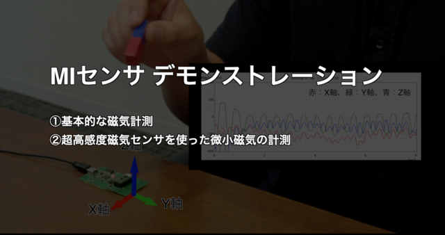 MIセンサデモンストレーション　①基本的な磁気計測　②超高感度磁気センサを使った微小磁気の計測